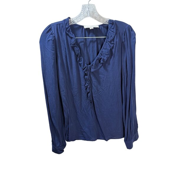 Loft Womens Navy Long-Sleeve Ruffle V-Neck Blouse Size S Lightweight - Picture 1 of 8